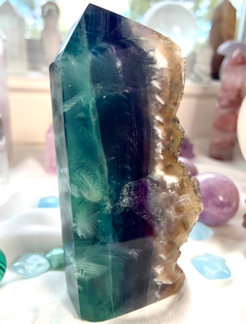 Teal + Purple FLUORITE TOWER with Natural Cubic Edge