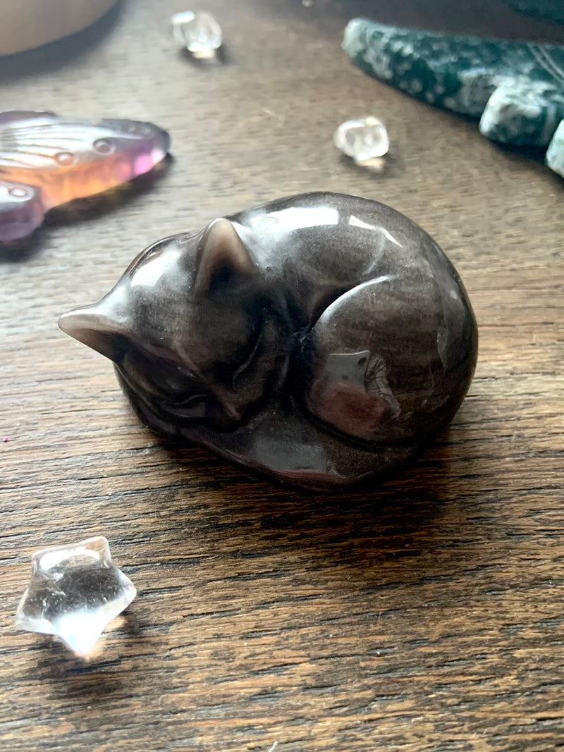 Silver Sheen Obsidian SLEEPING CAT for energetic protection