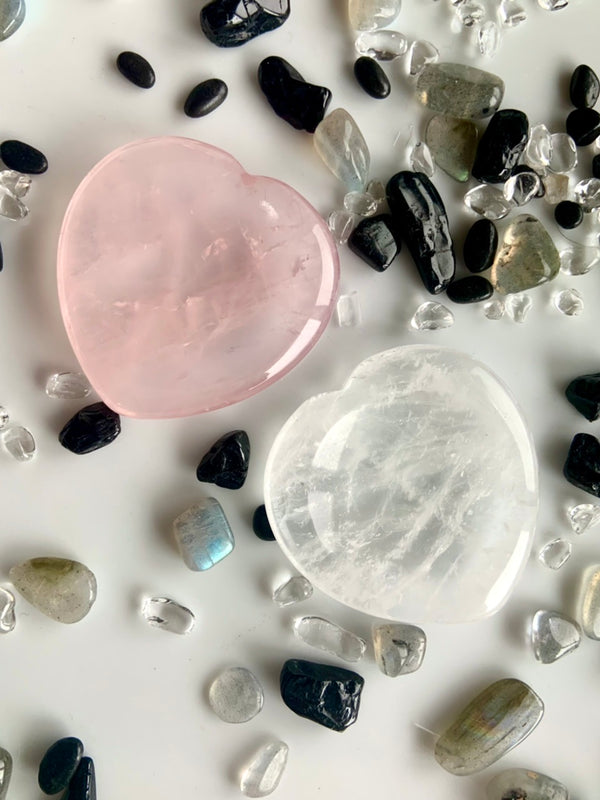 HEART-SHAPED Worry Stones in Rose Quartz, Green Aventurine + Clear Quartz