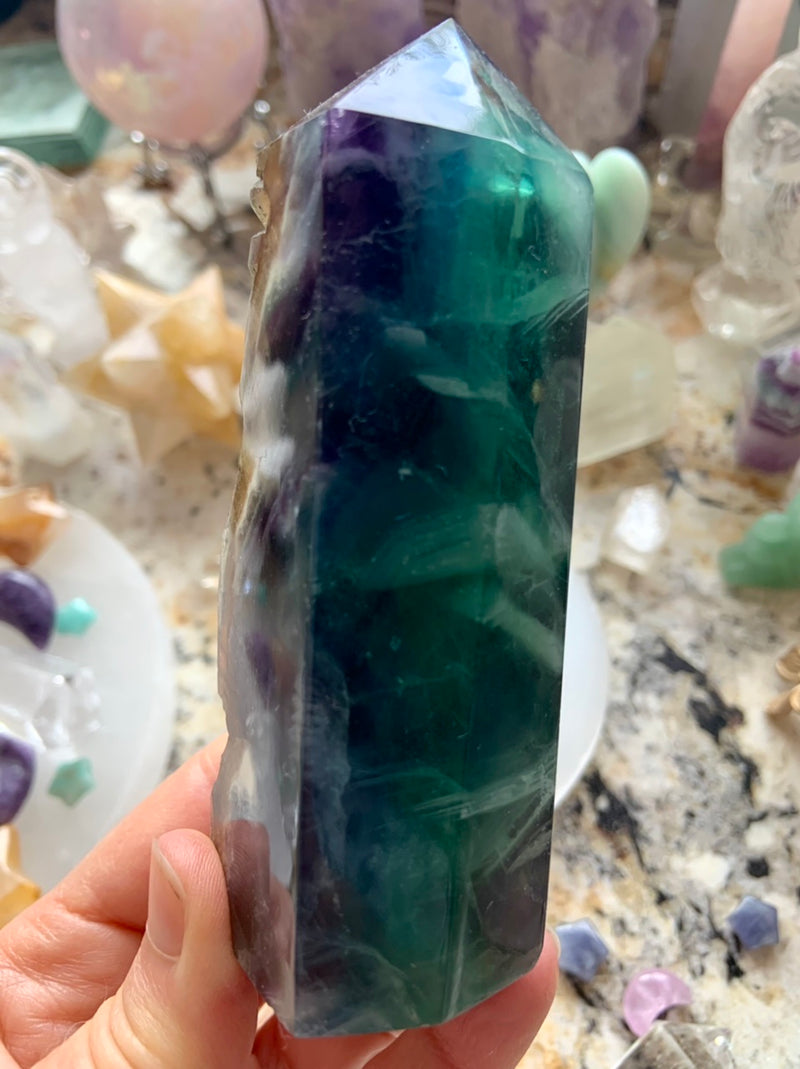 Teal + Purple FLUORITE TOWER with Natural Cubic Edge