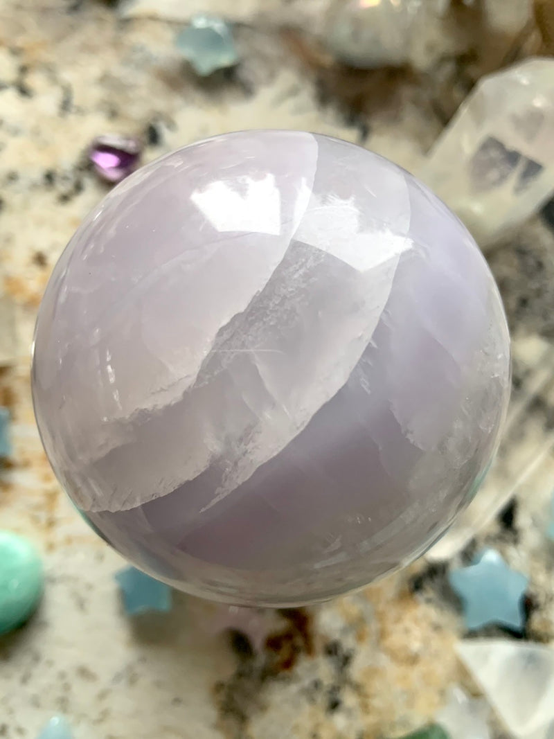 Banded Yttrium Fluorite Sphere with Scolecite Snowflake Inclusions # 2