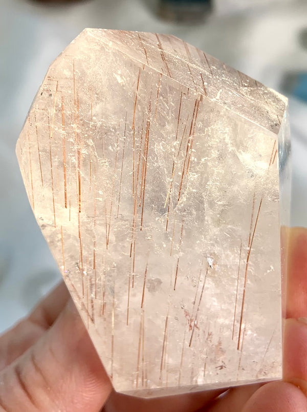 Copper Rutile in Quartz Freeform with Rainbows + Golden Healer Inclusions