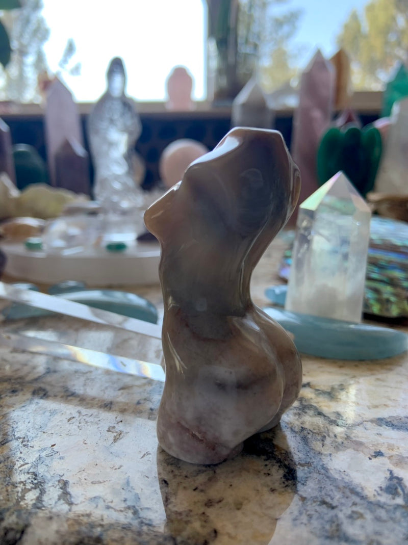 Flower Agate Goddess Figurine with Pink Amethyst Druzy