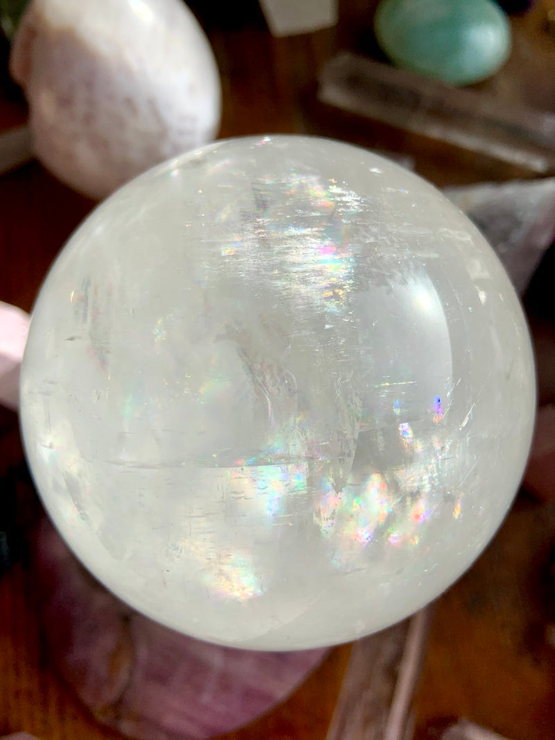 XL Optical Calcite Sphere with tons of Rainbows, A+ Clear Rainbow Calcite Crystal Ball