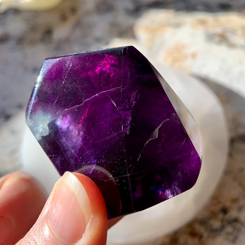 Deep Purple RAINBOW FLUORITE GEM ~ Freeform Faceted Gem with tons of Rainbows