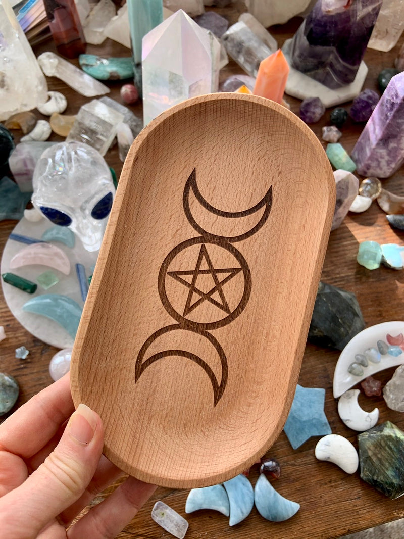 Engraved Wooden ALTAR TRAY with Pentagram or Triple Moon