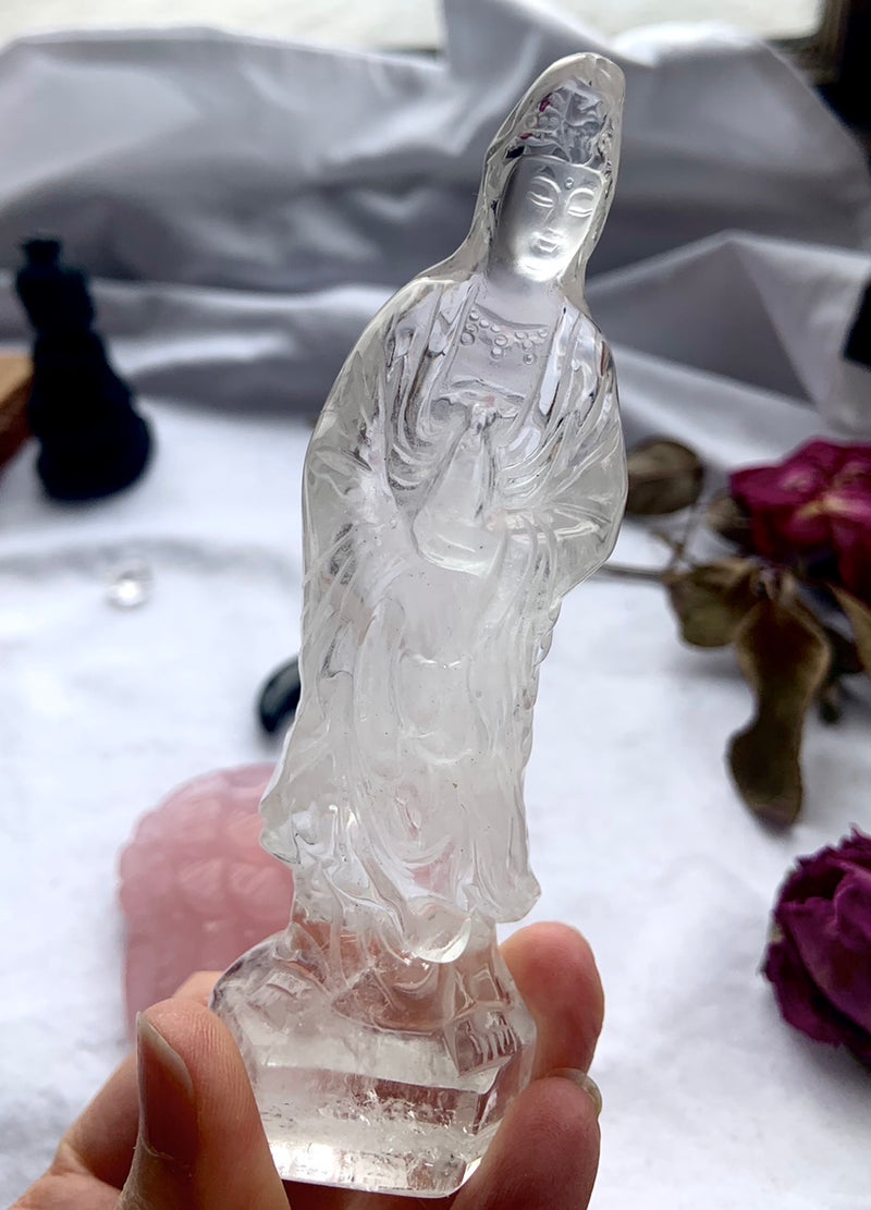 Exquisite CLEAR QUARTZ Quan Yin Carving ~ Hand-Carved Crystal Goddess