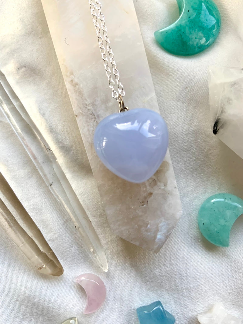 BLUE CHALCEDONY Heart Pendant with 925 Sterling Silver Chain
