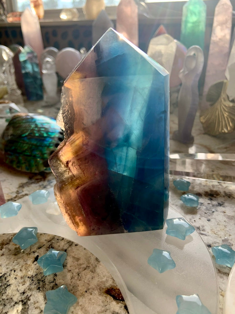 Large Blue FLUORITE TOWER with Natural Cubic Edge