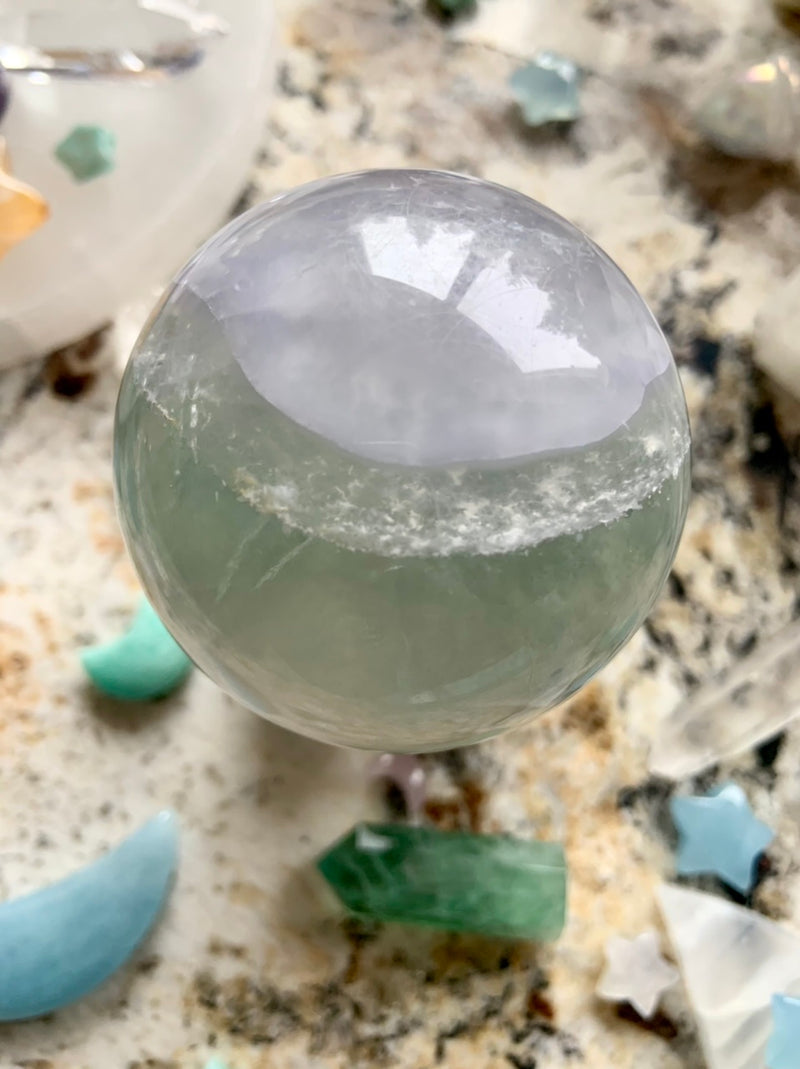 Banded Yttrium Fluorite Sphere with Scolecite Cloudscape # 4