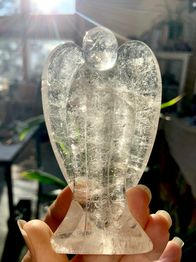 Big CLEAR QUARTZ ANGEL with Rainbows ~ Hand-Carved Crystal Angel