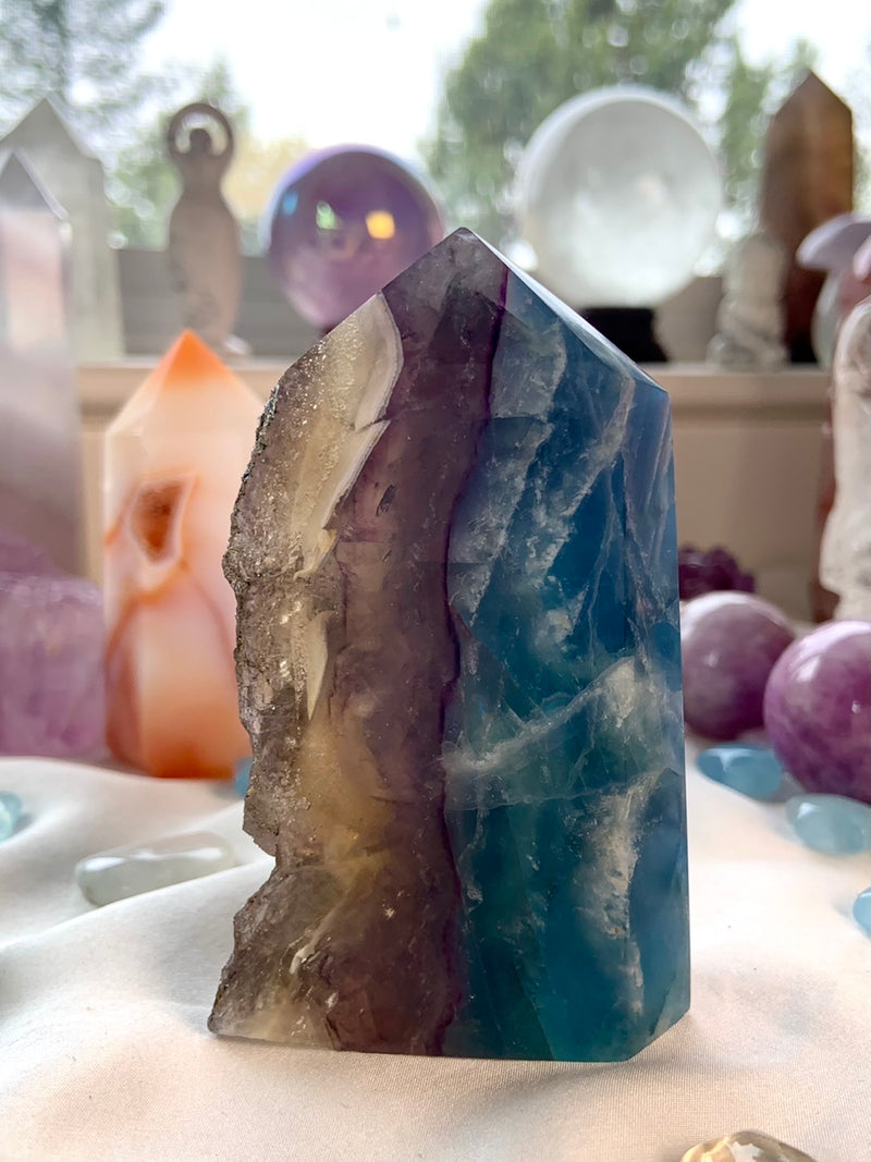 Blue + Purple FLUORITE TOWER with Natural Cubic Edge
