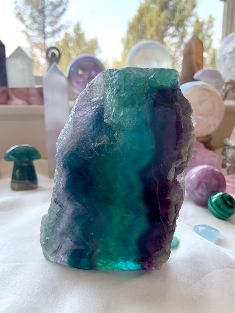Teal, Blue + Purple FLUORITE SLAB with Natural Edge