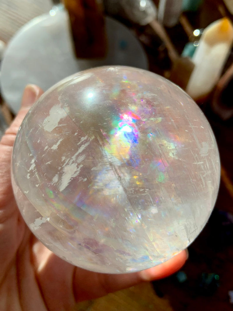 Mega Rainbows OPTICAL CALCITE SPHERE, A++ Clear Calcite Crystal Ball with Stand