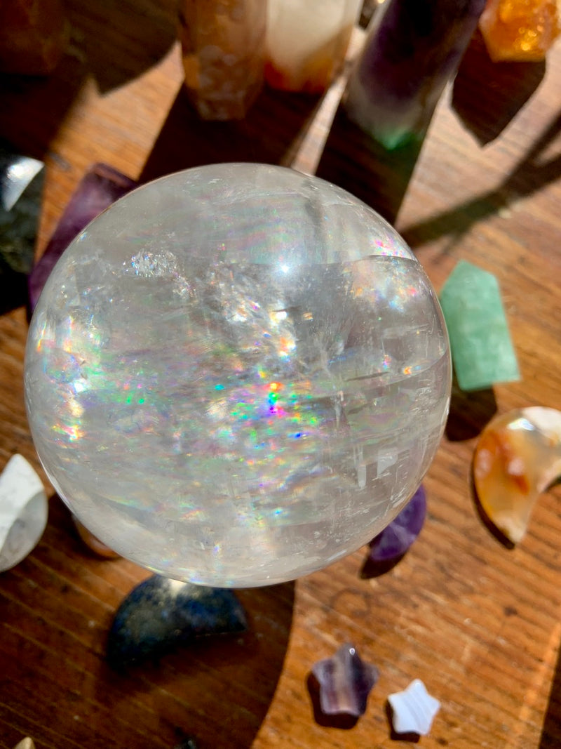 Mega Rainbows OPTICAL CALCITE SPHERE, A++ Clear Calcite Crystal Ball with Stand