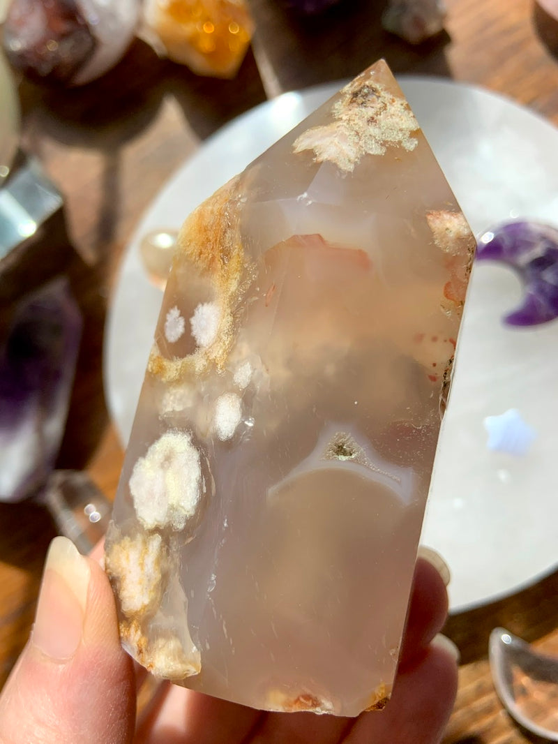 Chunky FLOWER AGATE Tower with Druzy, Cherry Blossom Agate Point