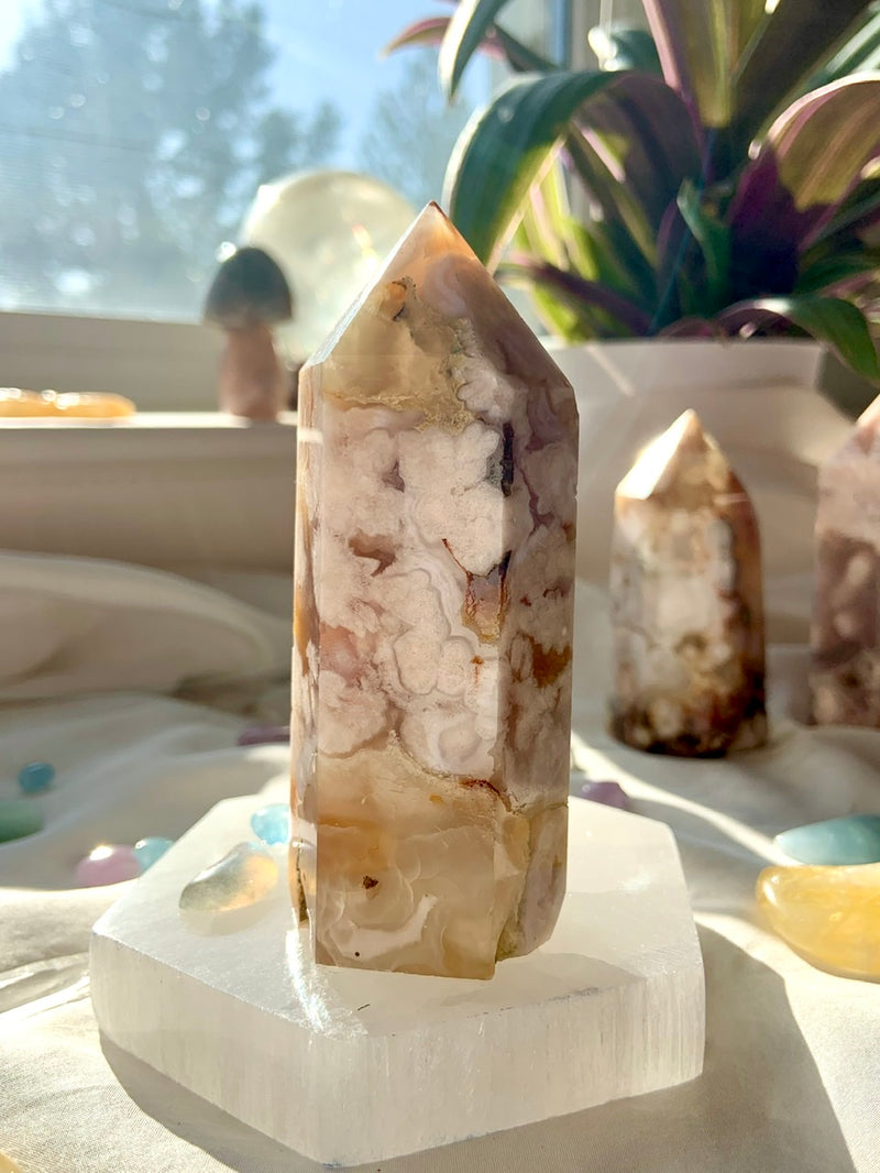 Coral Matrix FLOWER AGATE Tower, Cherry Blossom Agate Point
