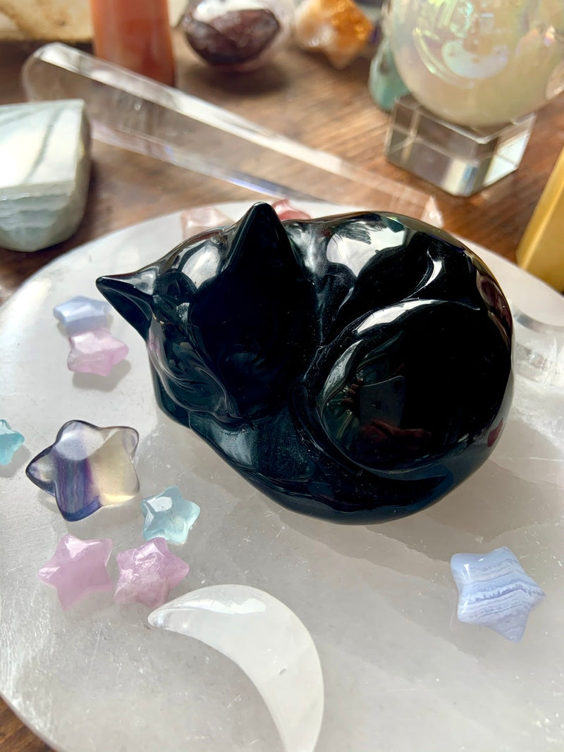 Black Obsidian SLEEPING CAT for energetic protection