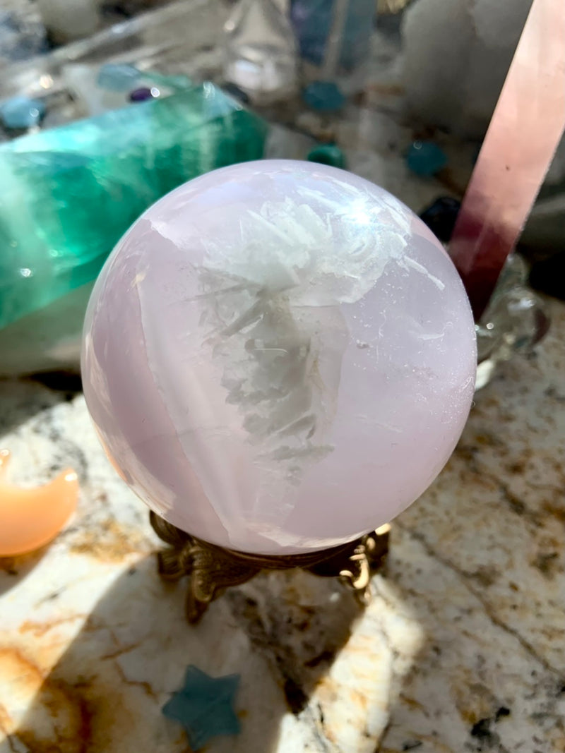 Yttrium Fluorite Sphere with Scolecite Snowflake Inclusions 6