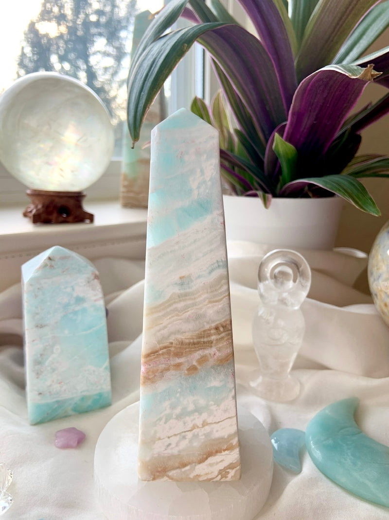 Opaline Shores CARIBBEAN CALCITE TOWER, Blue Aragonite Tower