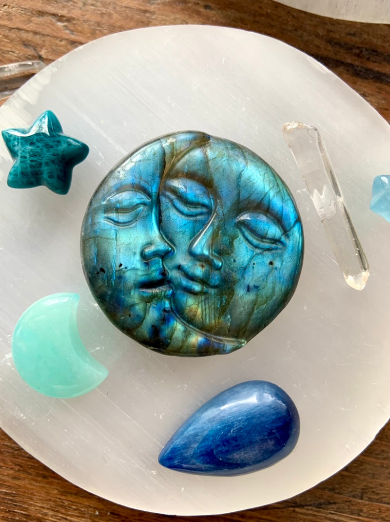 Aqua Blue Flash LABRADORITE Sun + Moon Face