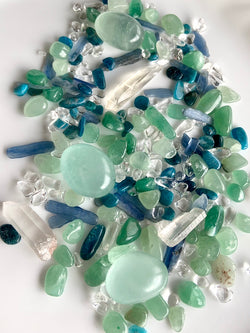 Blue-Green Crystal Confetti mix with kyanite, clear quartz, blue apatite, green aventurine, fluorite tumbles + quartz crystal sticks