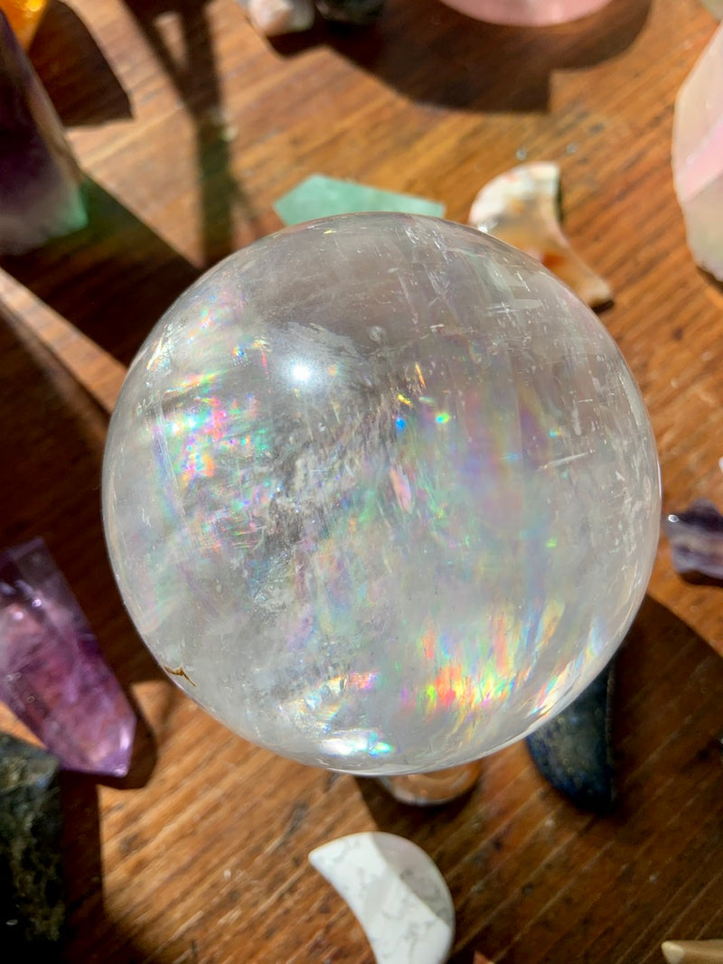 Mega Rainbows OPTICAL CALCITE SPHERE, A++ Clear Calcite Crystal Ball with Stand