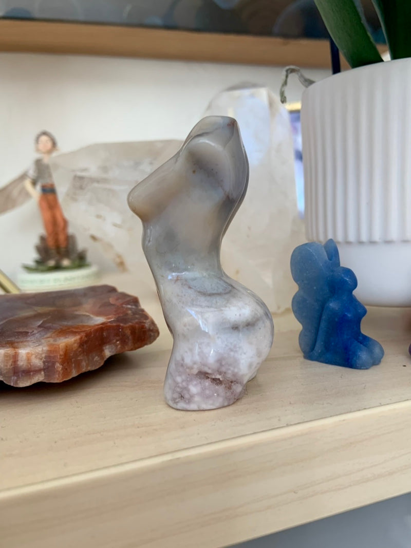 Flower Agate Goddess Figurine with Pink Amethyst Druzy