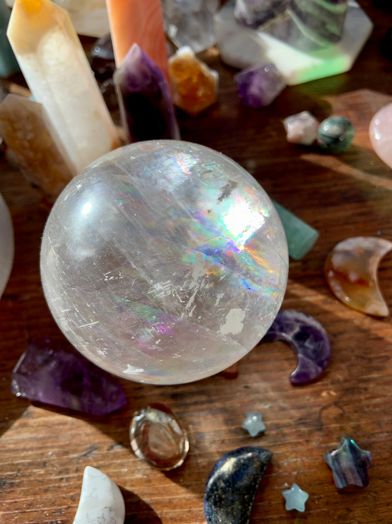 Mega Rainbows OPTICAL CALCITE SPHERE, A++ Clear Calcite Crystal Ball with Stand