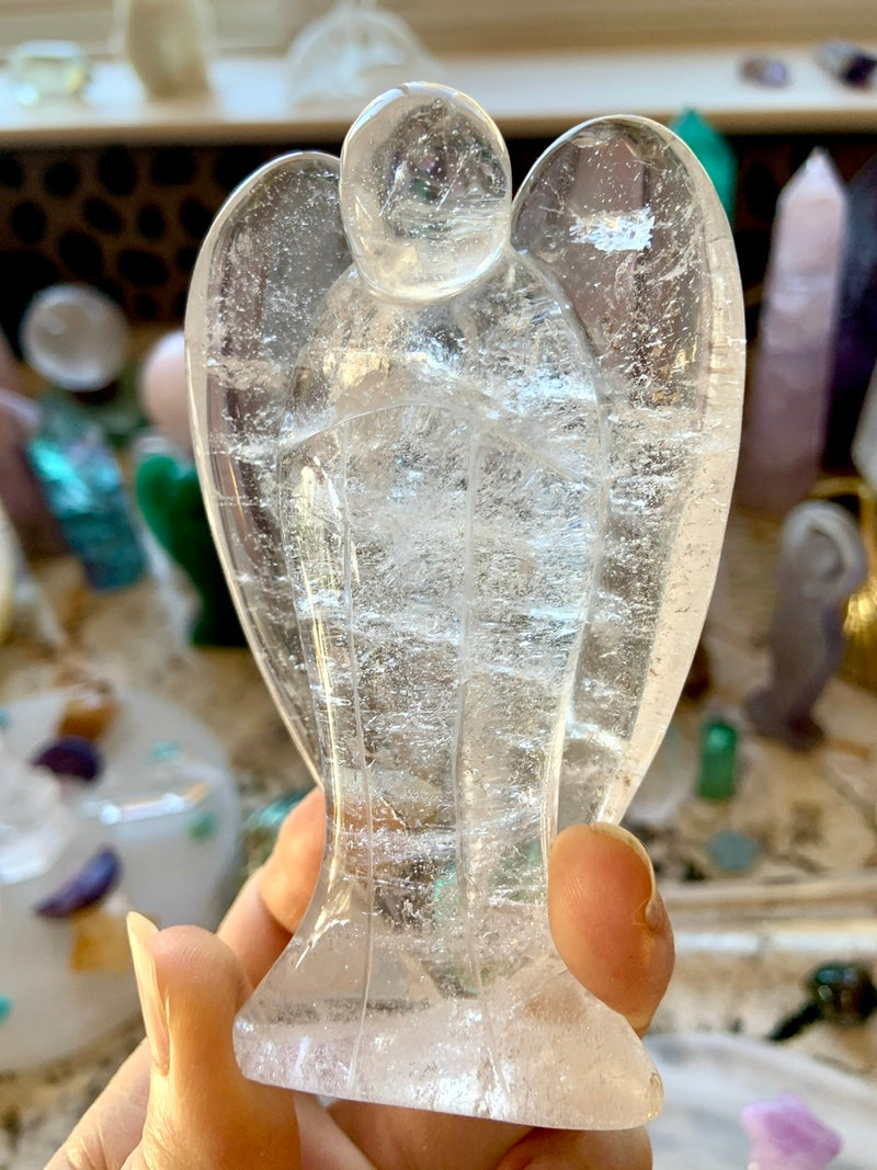 Big CLEAR QUARTZ ANGEL with Rainbows ~ Hand-Carved Crystal Angel