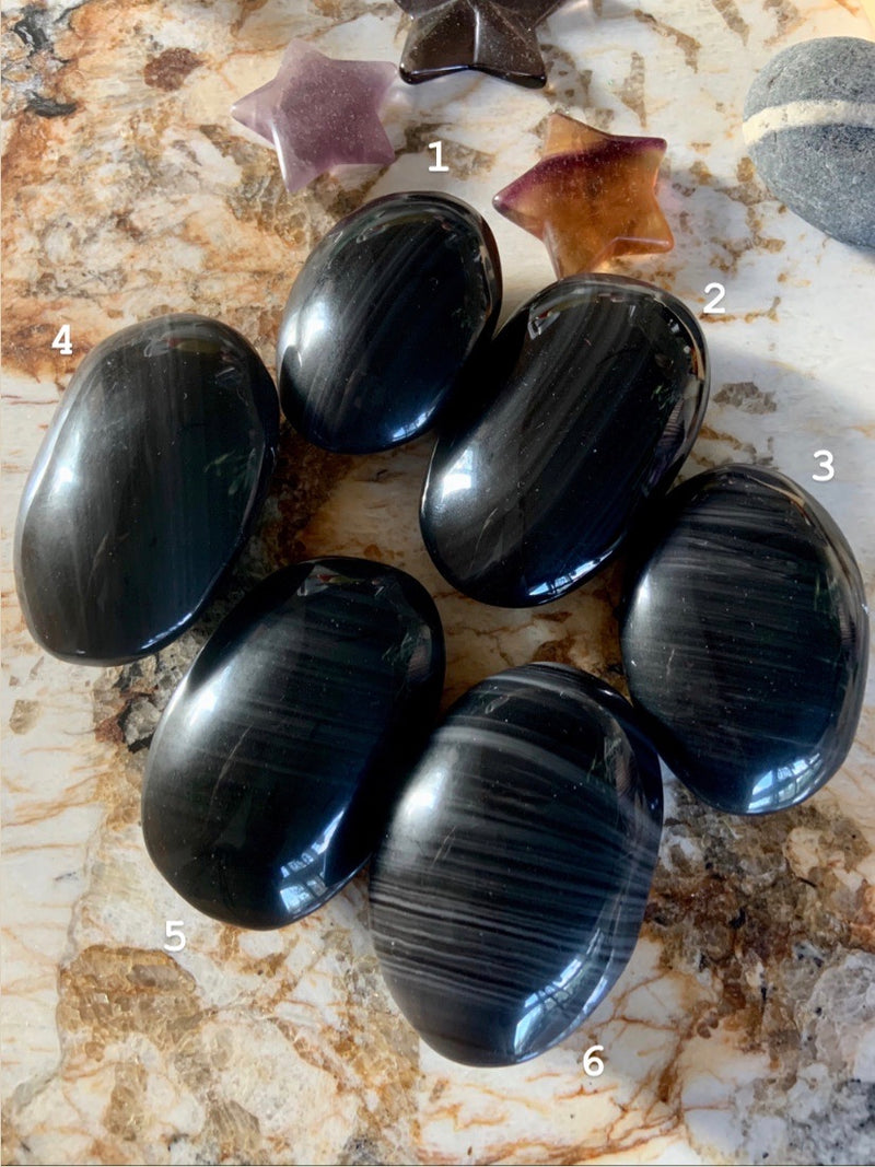 Gray + Black BANDED OBSIDIAN Palmstones for energetic protection