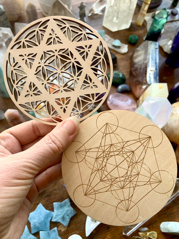 Laser Woodcut Crystal Grid Templates in Two Styles: Metatron’s Cube or Flower of Life Merkabah