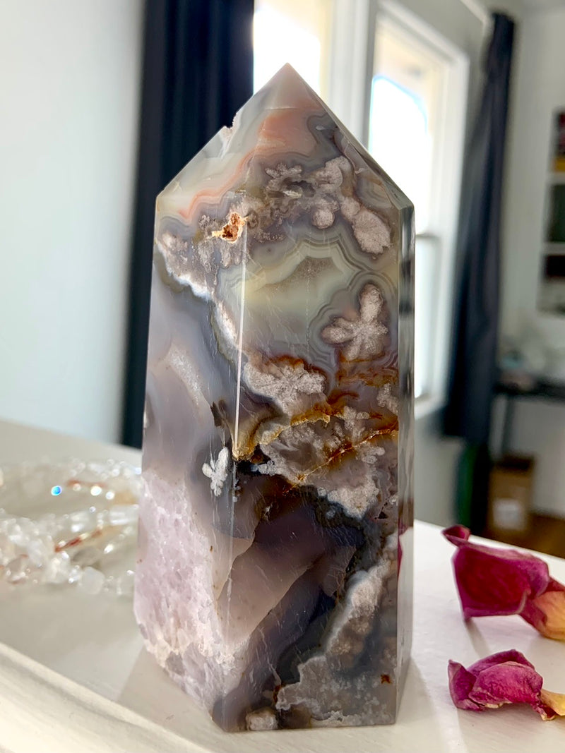 Black Flower Agate Tower with Amethyst