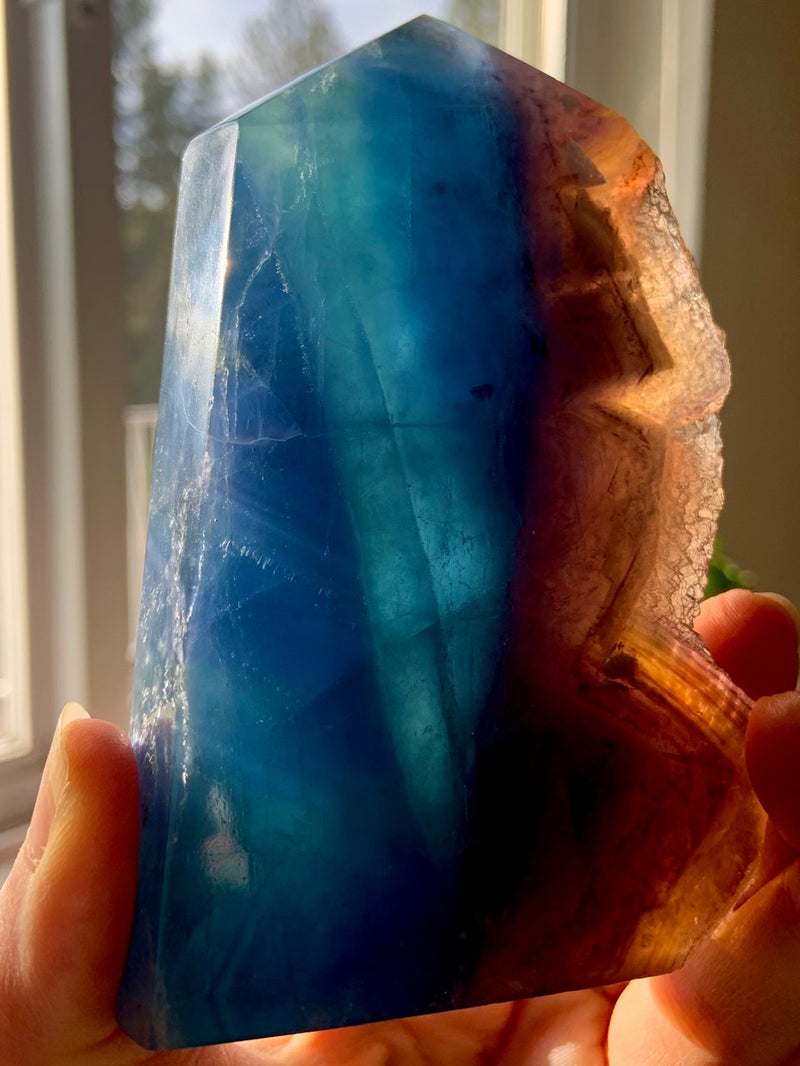 Large Blue FLUORITE TOWER with Natural Cubic Edge