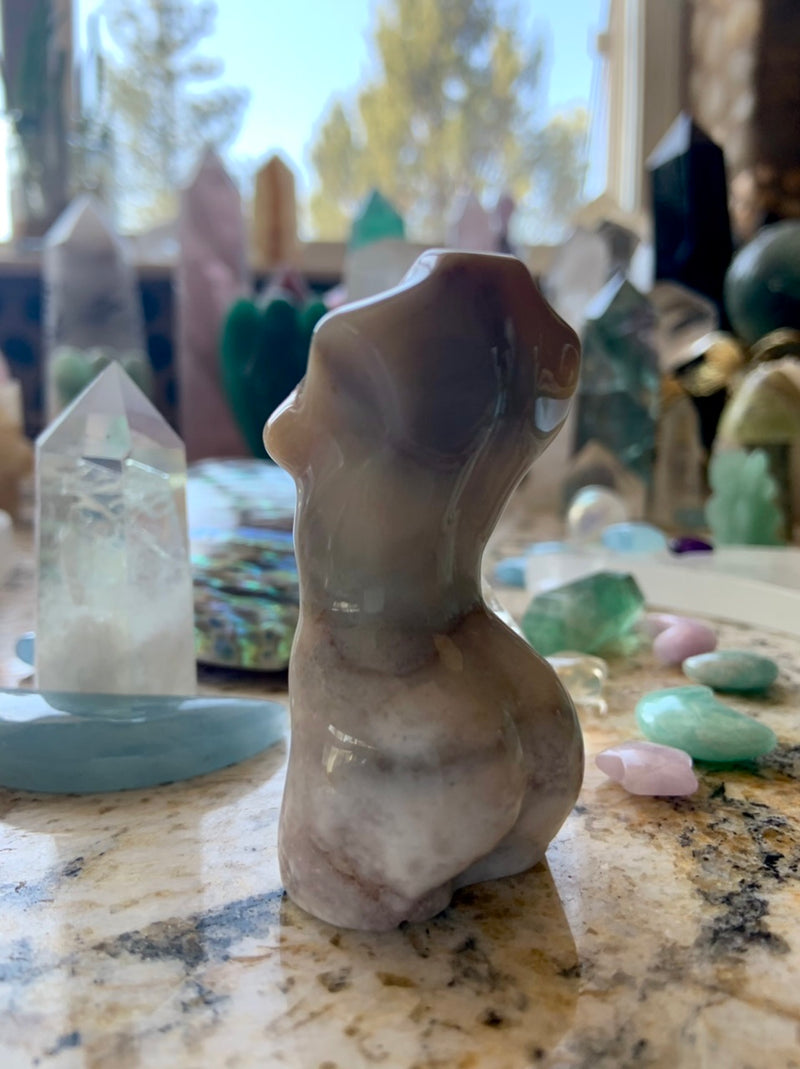 Flower Agate Goddess Figurine with Pink Amethyst Druzy