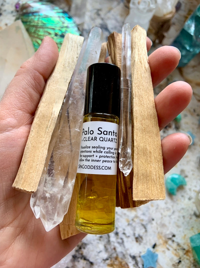 Palo Santo Essential Oil Infused with Clear Quartz Crystals Roll On