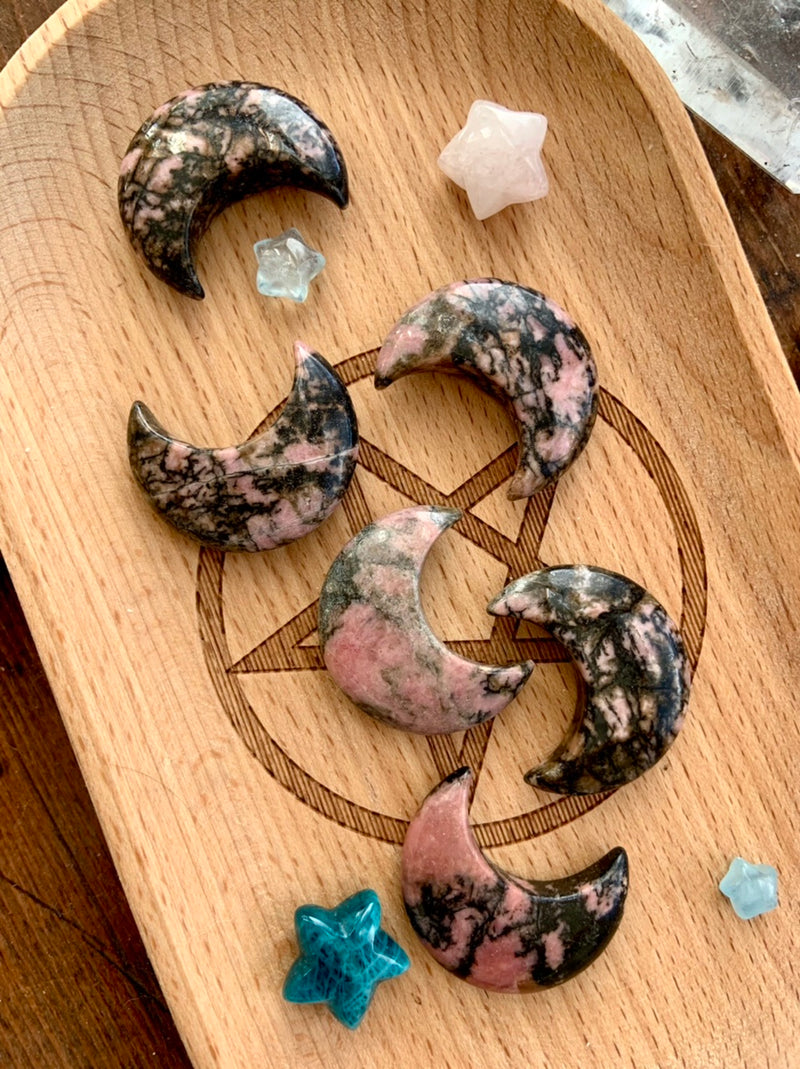 Hand-Carved RHODONITE CRESCENT MOONS