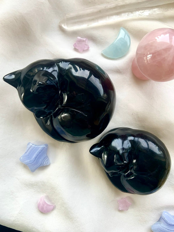Black Obsidian SLEEPING CAT for energetic protection