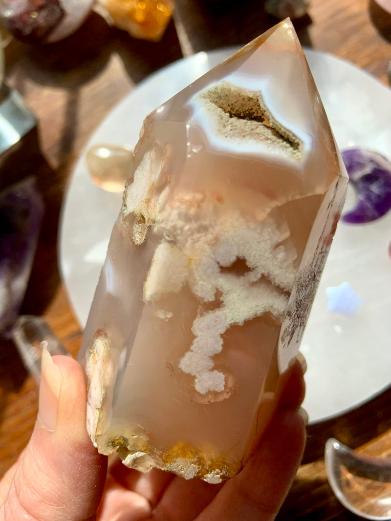 Chunky FLOWER AGATE Tower with Druzy, Cherry Blossom Agate Point