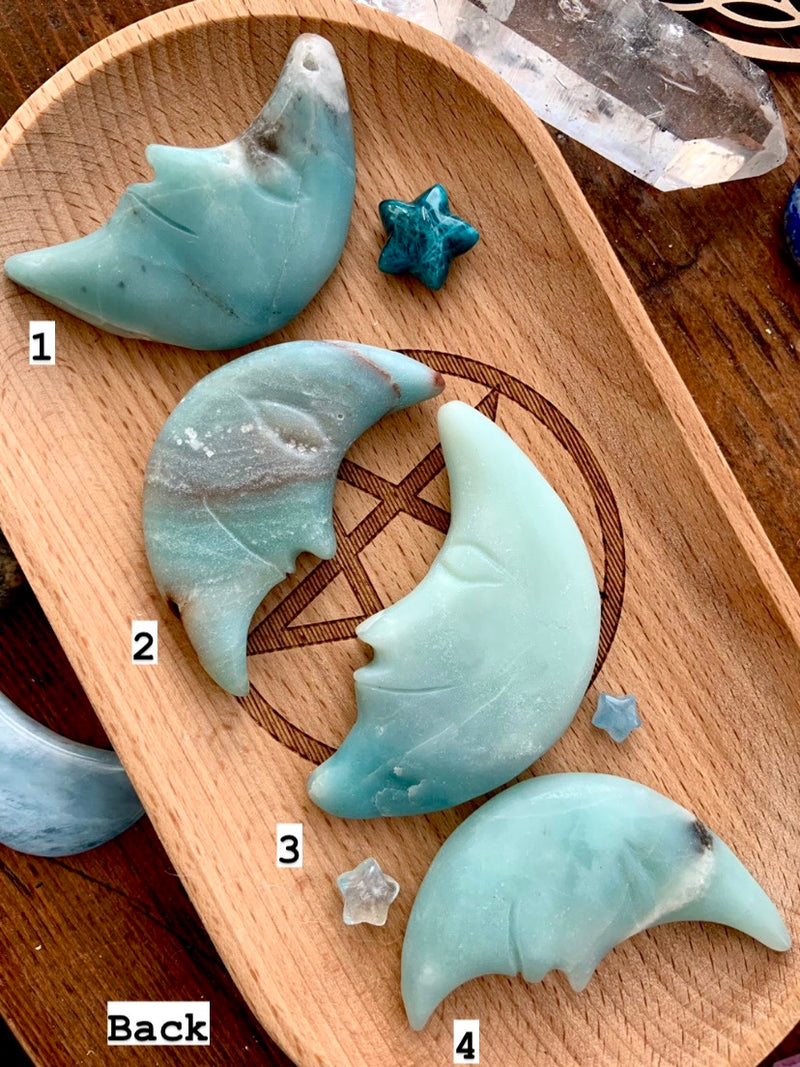 AMAZONITE MOON, Hand Carved Crescent Moon Face, Crystal Moons by Wild Mountain Crystals in Mt Shasta