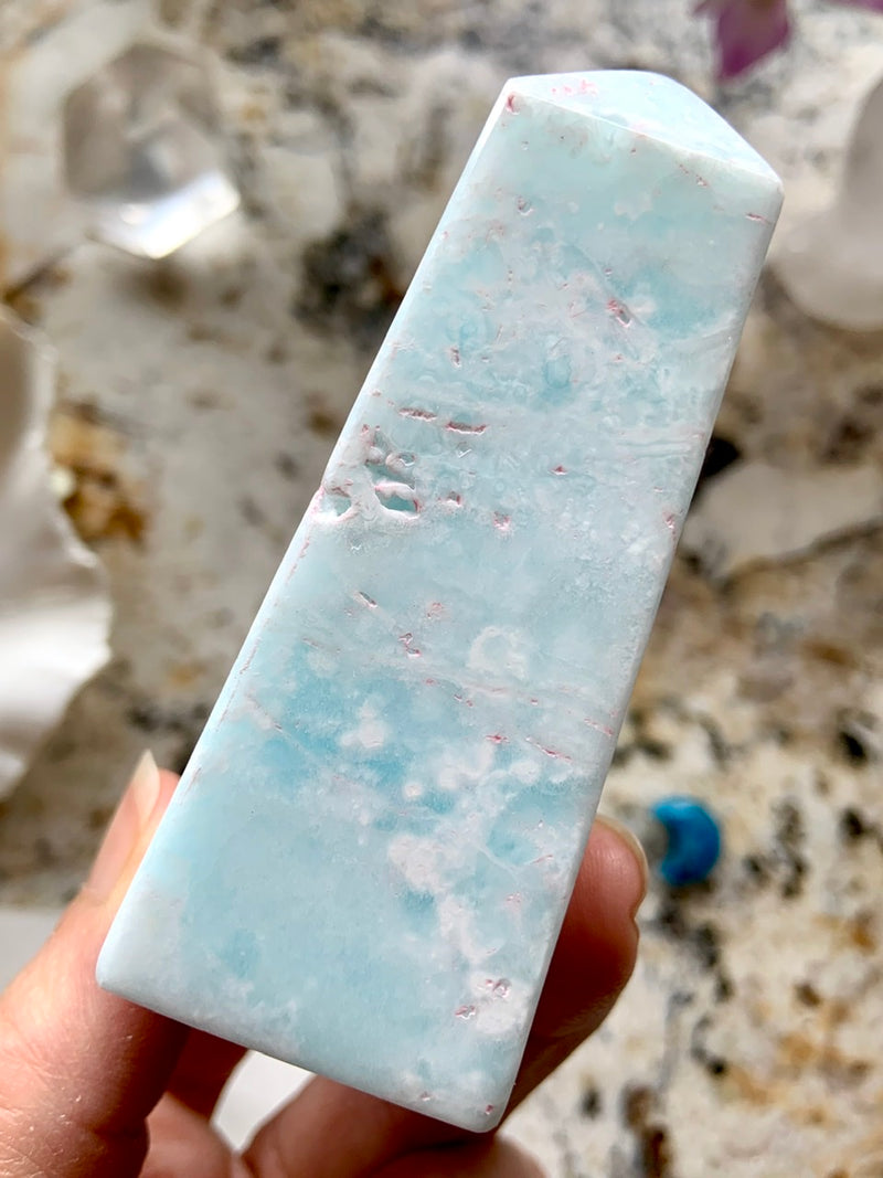 Dreamy Blue CARIBBEAN CALCITE TOWER with Pink Aragonite, Blue Aragonite Tower