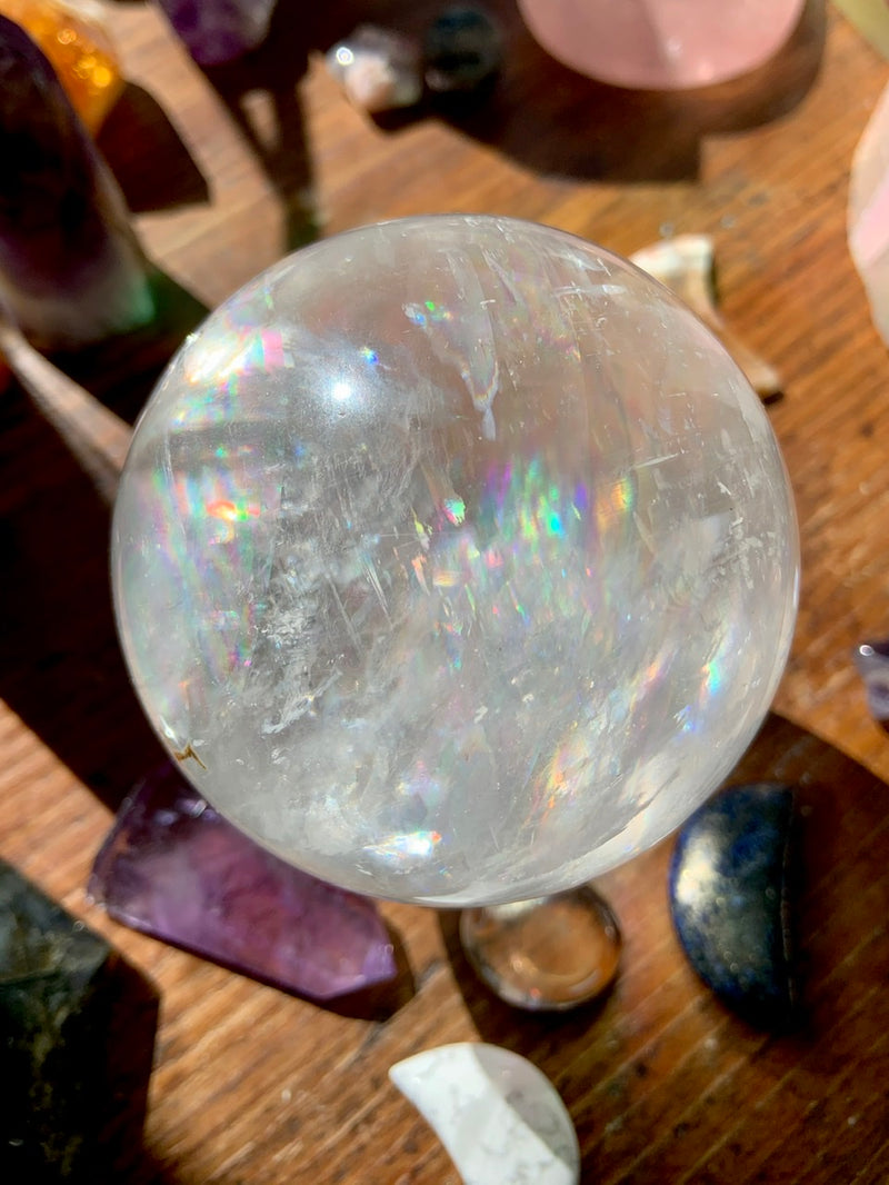 Mega Rainbows OPTICAL CALCITE SPHERE, A++ Clear Calcite Crystal Ball with Stand