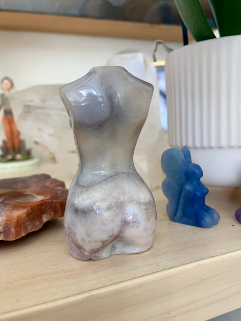 Flower Agate Goddess Figurine with Pink Amethyst Druzy