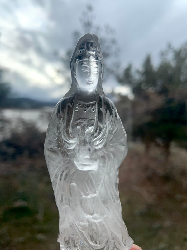 Exquisite CLEAR QUARTZ Quan Yin Carving ~ Hand-Carved Crystal Goddess