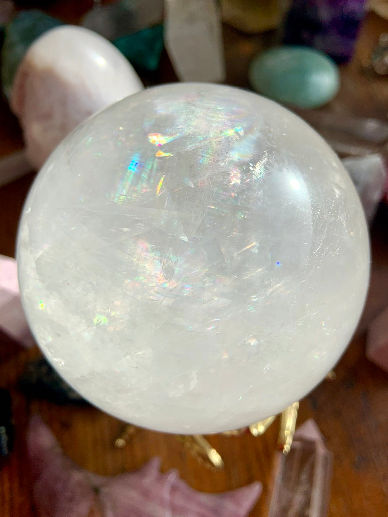 XL Optical Calcite Sphere with tons of Rainbows, A+ Clear Rainbow Calcite Crystal Ball