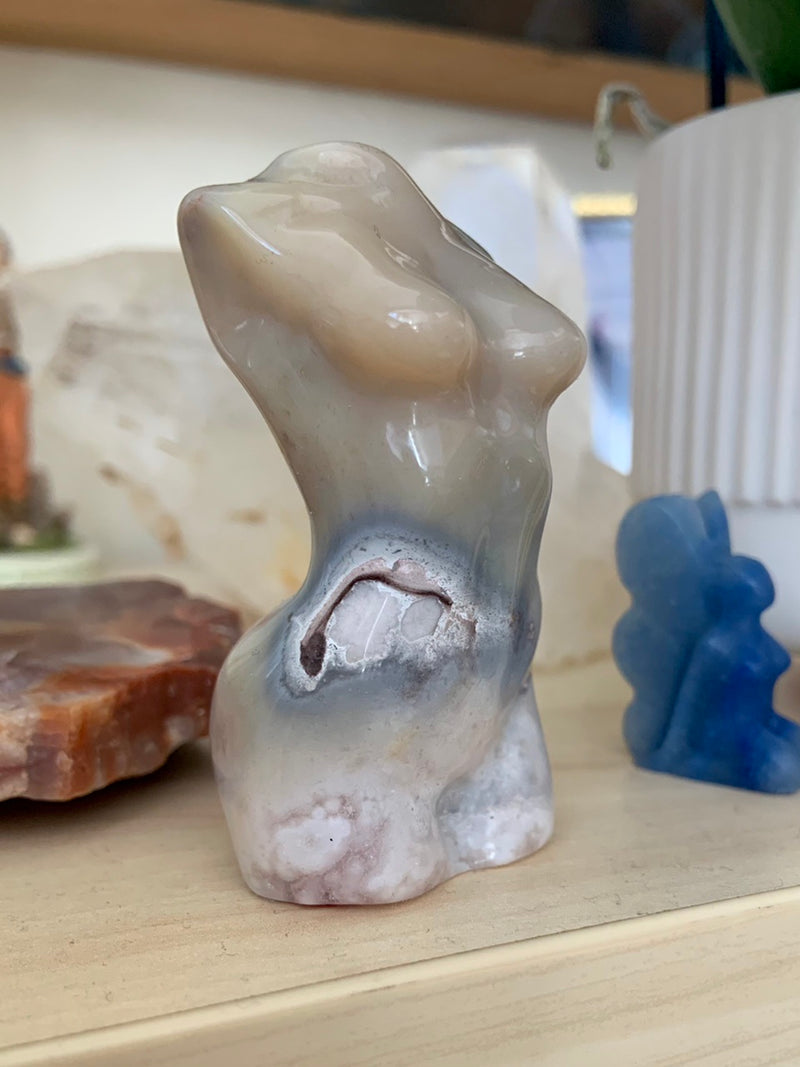 Flower Agate Goddess Figurine with Pink Amethyst Druzy