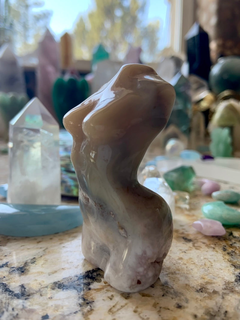 Flower Agate Goddess Figurine with Pink Amethyst Druzy