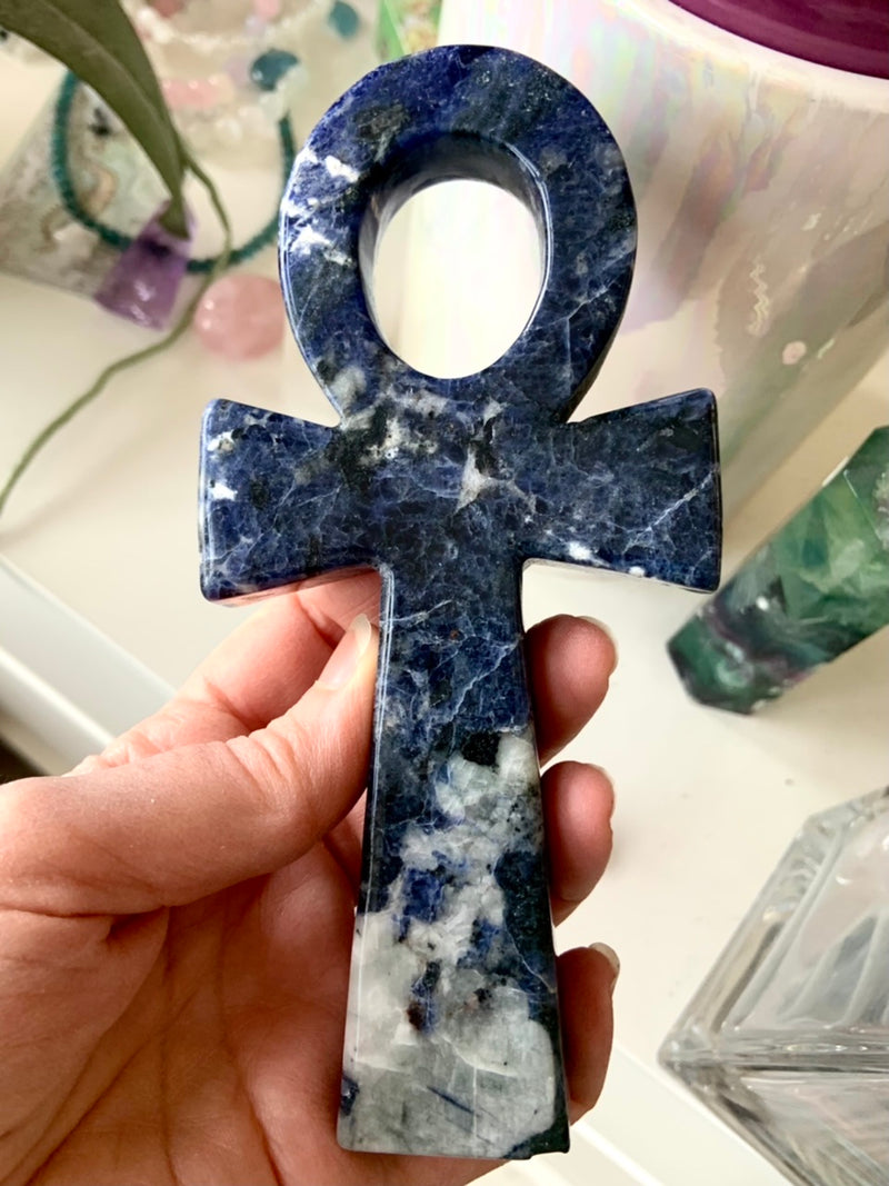 Large Sodalite Ankh with Black Tourmaline Inclusions