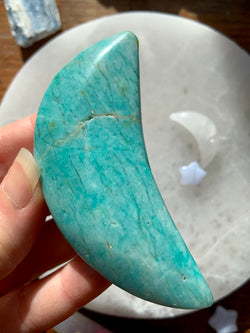 Large AMAZONITE MOONS with Smokey Quartz Inclusions ~ Hand Carved Amazonite Crescent Moons