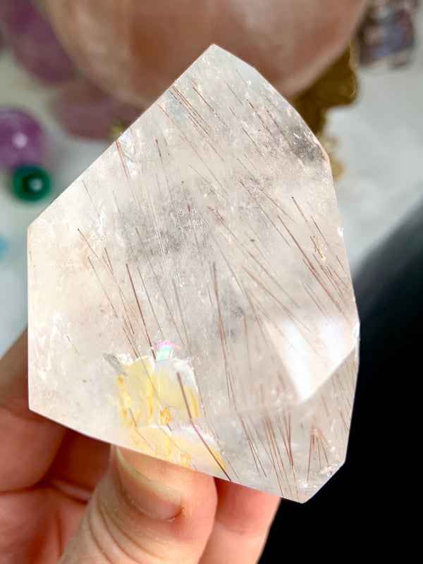 Copper Rutile in Quartz Freeform with Rainbows + Golden Healer Inclusions